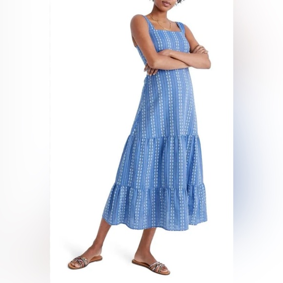 Madewell Embroidered Button-Back Tiered Sundress Sz 14 Blue 100% Cotton Midi - Picture 1 of 7